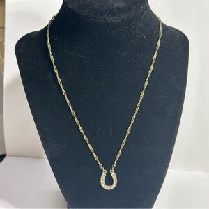 Rhinestone or CZ Horseshoe Pendant Necklace Twisted Vintage Gold Tone Chain